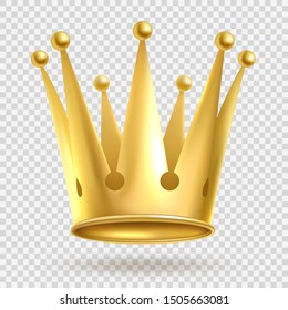 Golden crown. Elegant gold metal royal crowning on transparent background vector realistic wealth imperial jewelry royalty illustration