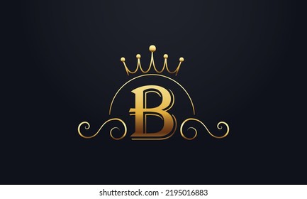Golden crown and elegant logo design vector with B