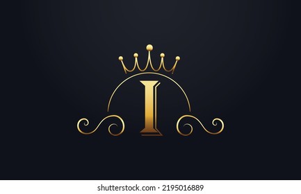 Golden crown and elegant logo design vector with I