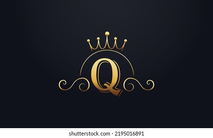 Golden crown and elegant logo design vector with Q