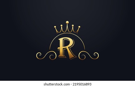 Corona dorada y elegante vector de diseño de logotipo con R