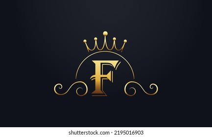 Golden crown and elegant logo design vector with F