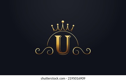 Golden crown and elegant logo design vector with U