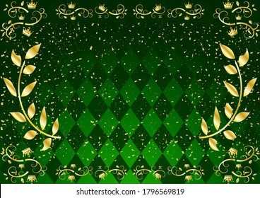 golden crown frame and green rhombus pattern background