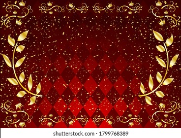 golden crown frame and red rhombus pattern background