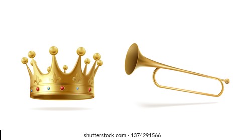 Golden crown with gems and copper fanfare isolated on white background. Crowning headdress for Monarch and heralding trumpet for ceremony announcement, royal symbol. Realistic 3d vector illustration.