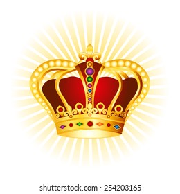 Golden crown with gems and pearls clip art on glowing background