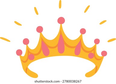 Golden crown with gemstones vector doodle illustration. Shiny fancy decorative element. Vintage winner award. Medieval luxury and royal majesty queen symbol. Festive fashion girly jewelry accessory