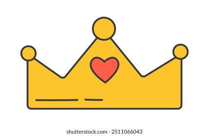 Golden crown with heart icon. This piece is a flat vector illustration, representing a stylized yellow crown with a red heart in the center.