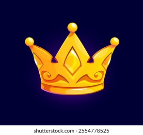 Golden crown icon, game asset. Isolated cartoon vector vibrant gold monarch headwear with ornate details, regal symbol represents authority, royalty and prestige, power, success, nobility and luxury