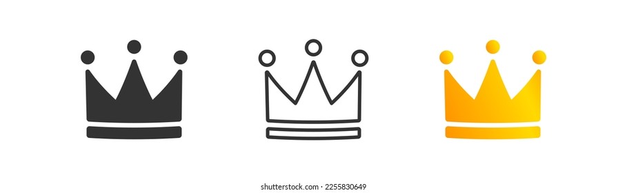 Golden crown icon on white background. Luxury symbol. Princess, prince, king, queen signs. VIP, royal, aristocracy. Outline, flat, and colored style. Flat design.