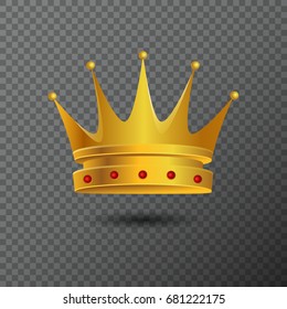 Golden crown icon with red stones. Vector illustration with volume diadem created by gradient. Shiny realistic jewel used for a logo, label, certificate or diploma creations.