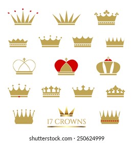 Golden Crown icon set. Crown vector illustrations. Business sign, corporate identity or product labeling element templates. Simple & detailed Crown icons. Vector design is layered & editable.