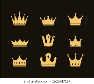 Golden crown icons collection. Royal, luxury symbols. King, queen, princess crown set. Premium awards. Royal, deluxe symbols. Queen signs. Vector illustration