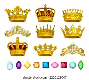 La Corona de Oro con la Piedra Preciosa Incrustada y Gems Big Vector Set