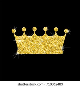 Golden crown isolated on black background. Accessory for ceremonial, festive costume. Flat vector design elements for holiday greeting card, certificate, diploma, advertisement, site, banner.