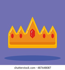 Golden crown isolated on purple background. Yellow corona on purple backdrop with shade. Vector illustration isolated object with shadow and highlights. The treasure of the King and Queen. Gems. Eps10