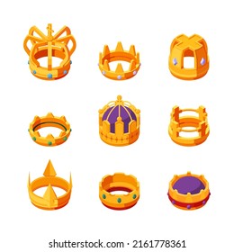 Golden Crown. Isometric Kings Royal Clothes For Head Crown With Luxury Colored Gemstones Antique Jewelry Collection Garish Vector Pictures Set