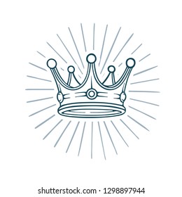 Golden crown. King Crown with abstract light rays hand drawn vector Illustration. Crown sketch drawing symbol.