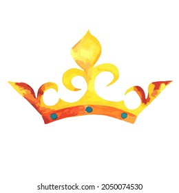 The golden crown of king, prince, monarch, dynasty with rust spots and blue stones, curlicues. watercolor drawing. Vector