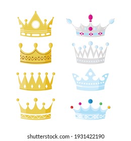 Golden crown king, prince and queen flat style vector illustration