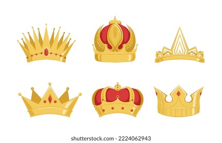 Golden Crown of King or Queen Royal Power and Monarch Symbol Vector Set