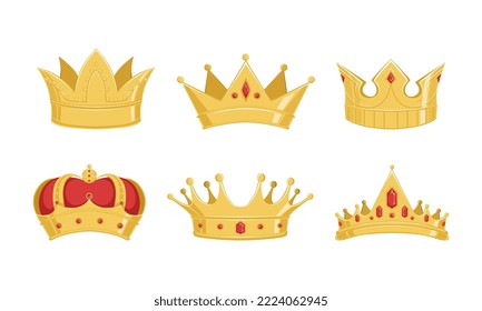 Golden Crown of King or Queen Royal Power and Monarch Symbol Vector Set