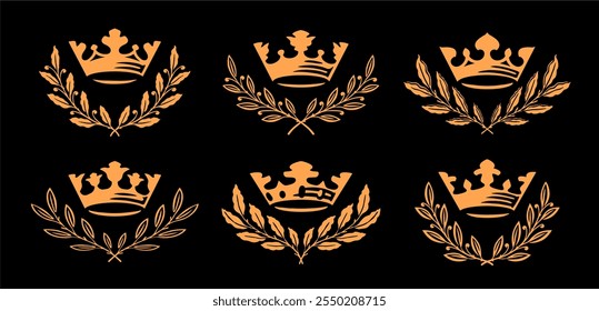 Golden crown with laurel wreath. Set of emblems symbols for royal luxury imperial emblem or award