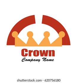 Golden crown logo inside a broken half circle shape of red