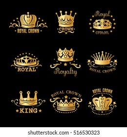 Golden crown logo set with different headlines royal crown king royalty par example vector illustration