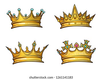 Golden crown mascot with colorful gem stones. Vector illustration isolated on white background. Good for logos, icons, posters, stickers.	