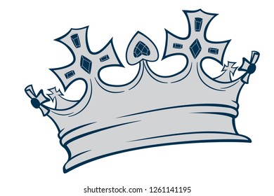 Golden crown mascot with gem stones. Black and white vector illustration isolated on white background. Good for logos, icons, posters, stickers.	