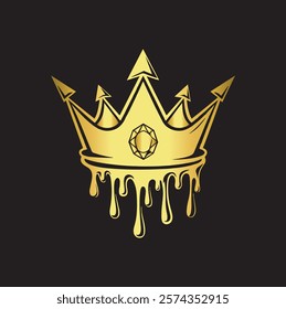 Golden crown mascot. Vector illustration isolated on white background. Good for logos, icons, posters, stickers. Queens or kings crown vector logo. Golden corona logotype on dark background