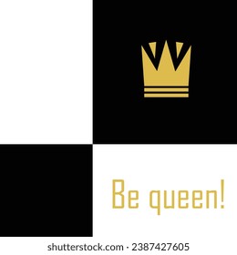 Golden crown on an abstract chessboard background. Postcard. Vector