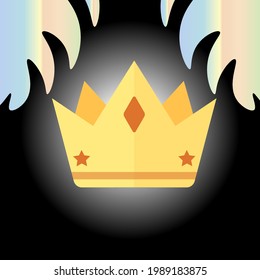 golden crown on black background with white gradient circle and colorful leaves 
