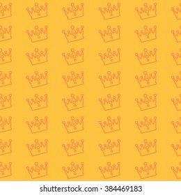 golden crown on an orange background. Line drawing. Many crowns. seamless texture 