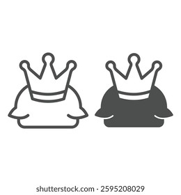 Golden crown on pillow line and solid icon, city museum concept. Vector graphics. Crown of queen or king, royal person sign on white background, outline style icon for mobile and web design