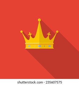 Golden crown on red background with long shadow. Flat icon.