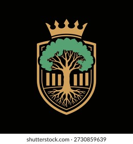 Golden crown on shield with tree and building logo