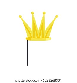 Golden crown on stick, masquerade decorative element cartoon vector Illustration on a white background