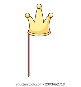 Golden crown on stick vector illustration. Cartoon isolated Christmas masquerade or birthday, bachelorette party gift, funny paper royal accessory for head and cute crown mask of photo booth props