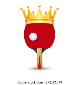 Golden crown on tennis racket isolated on white background