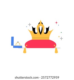 Golden Crown On Velvet Pillow With Engagement Ring Box In Flat Vector Illustration Symbolizing Royalty, Elegance, And Celebration, Isolated On White Background.