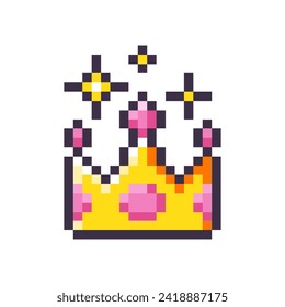 Golden crown with pink rubies isolated on white background. Medieval crown with diamonds icon. Game item. Vector pixel art illustration in 8-bit old style.