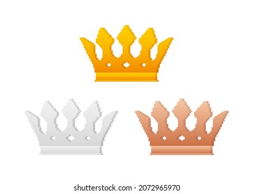 Golden crown. Pixel art icon. 8-bit. Vector stock illustration.