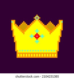 Golden crown pixel art isolated on dark background, Monarchy symbol pictogram game element vector illustration