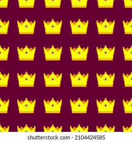 Golden crown pixel art seamless pattern Monarchy symbol on dark purple background vector illustration