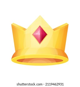 Golden crown with red gemstone game asset, icon in cartoon style, award or prize isolated on white background. Medieval clip art