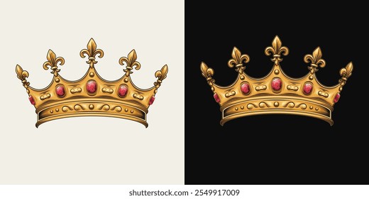 Golden crown with red gemstones ruby, fleur de lis sign on points. Design element easy to combine with head, any face. Front view. Vintage style.