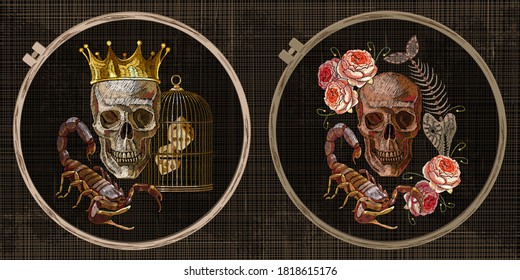 Golden crown, roses, skull, skeleton of fish and scorpion. Gothic romanntic embroidery collection. Template tambour frame with a canvas, elements from stitches. Art for clothes 